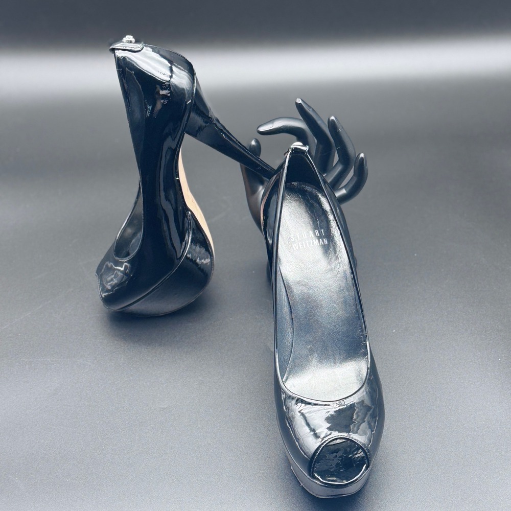 Stuart Weitzman Peep Toe Pumps Womens 8 Black Patent Leather Hidden Platform